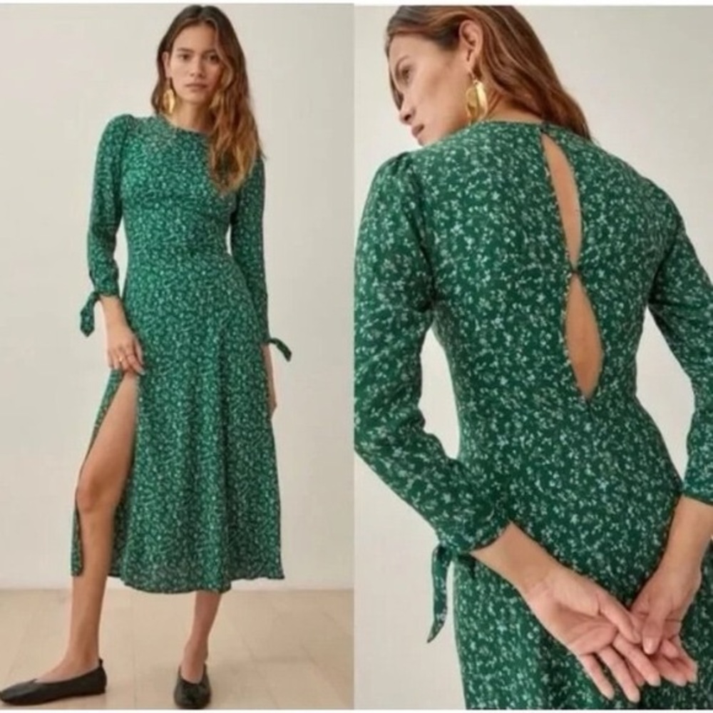 Reformation Green  Zelda Midi Dress Floral‎ Tie Sleeve Button Prairiecore Size 8 - Picture 3 of 15